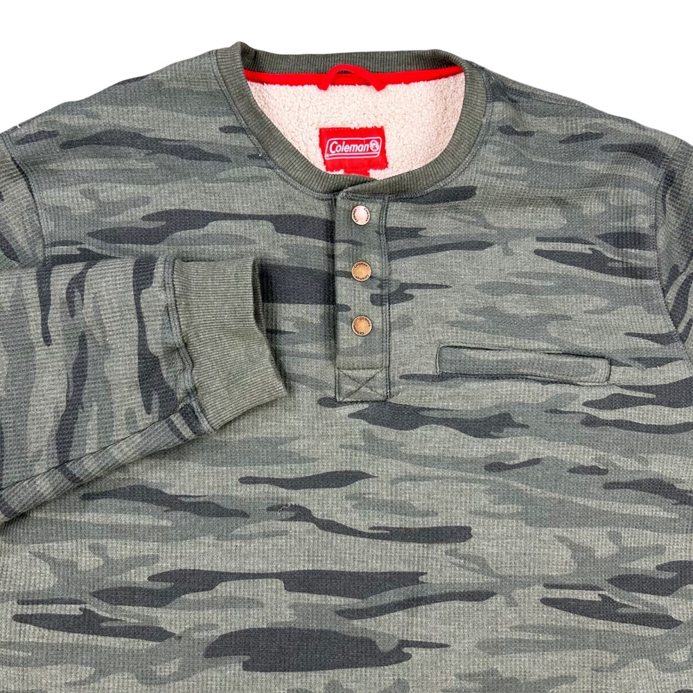 Coleman Camo Henley Heavy Pullover Shirt Mens XXL Green Waffle Knit Sherpa Lined